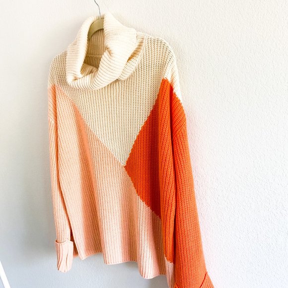 Womens Pink Turtle Neck Color Block Sweater XL - Picture 2 of 4